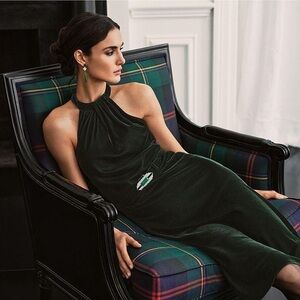 Ralph‎ Lauren Women's Belted  Emerald Green Velvet Halter Midi Dress Size 8 $265